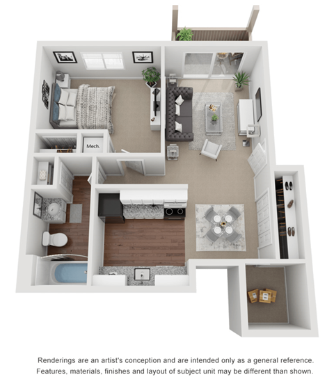 Floor plan for 1 bed, 1 bath, 600 sqft